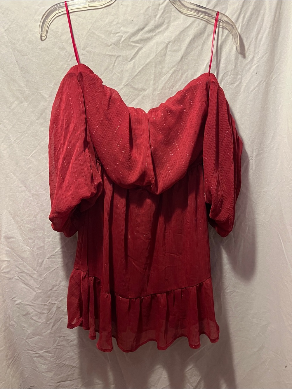 Sparkling Pink Off-Shoulder Camisole Dress with Puff Sleeves